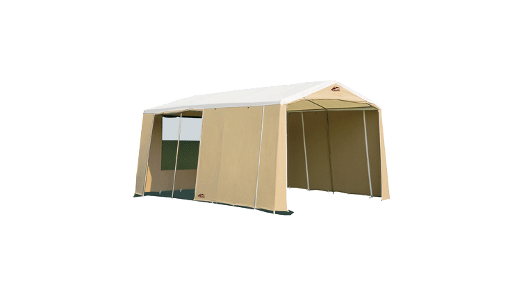 Tente de stockage fermée mini marabout / structure fixe en acier / couverture multi-éléments en polyester et pvc / porte / fenêtre / 6.30 x 3 x 2.30 m_0