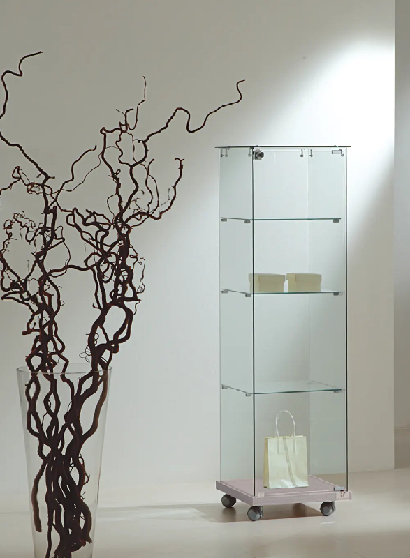 Vitrine tout verre transparent 4/14VA - gris - 3 tablettes amovibles - serrure et socle bois_0