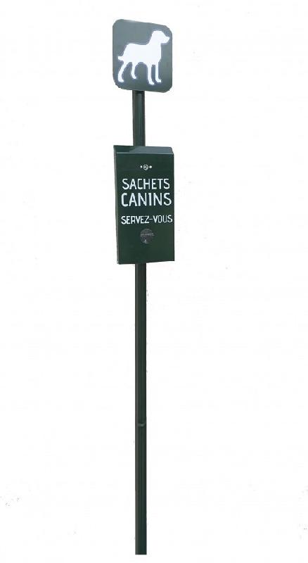 Borne de propreté distributrice de sacs pour déjections canines en aluminium - mât de 2,5 m - capacité 300 sacs_0
