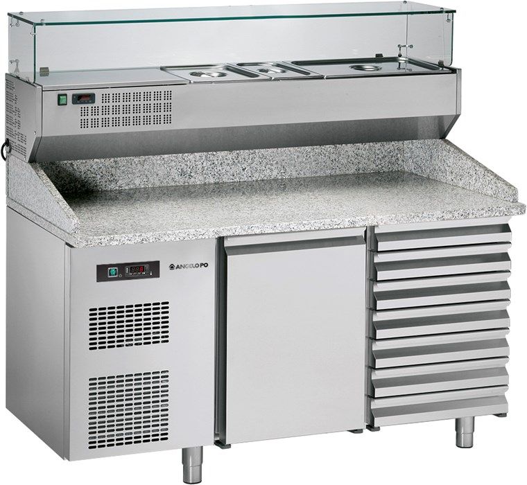 BPZ167A - Table à pizza réfrigérée Angelo Po - 290 kg - 1 porte et 7 tiroirs - Plan en granit avec vitrine réfrigérée_0