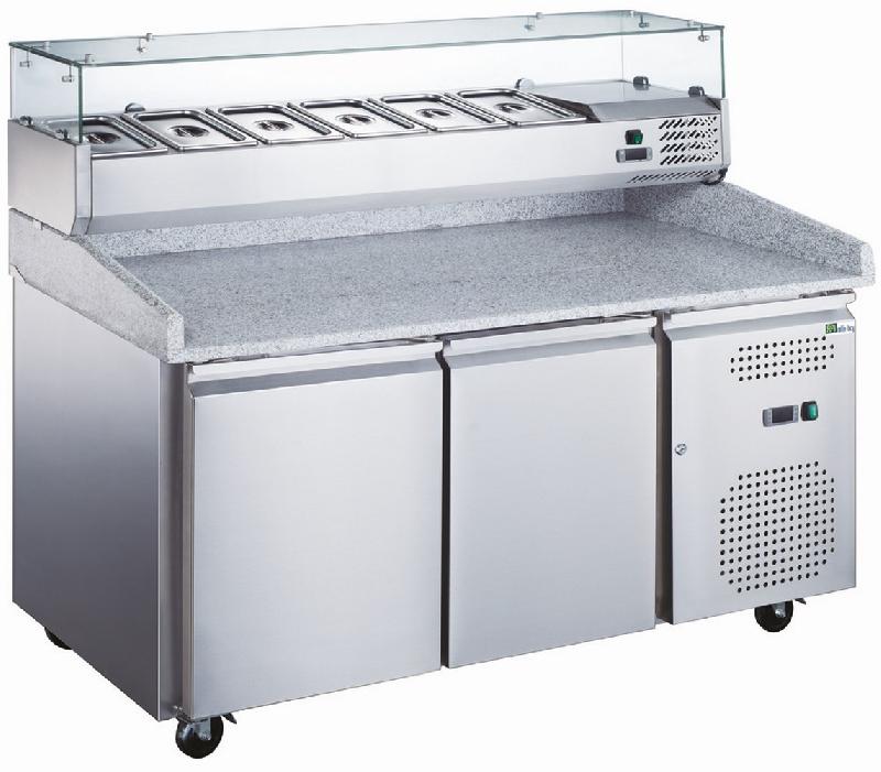 Table à pizzas 2 portes sur roulettes avec vitrine à ingrédients 6 bacs gn 1/3 - - AA2PZ_0
