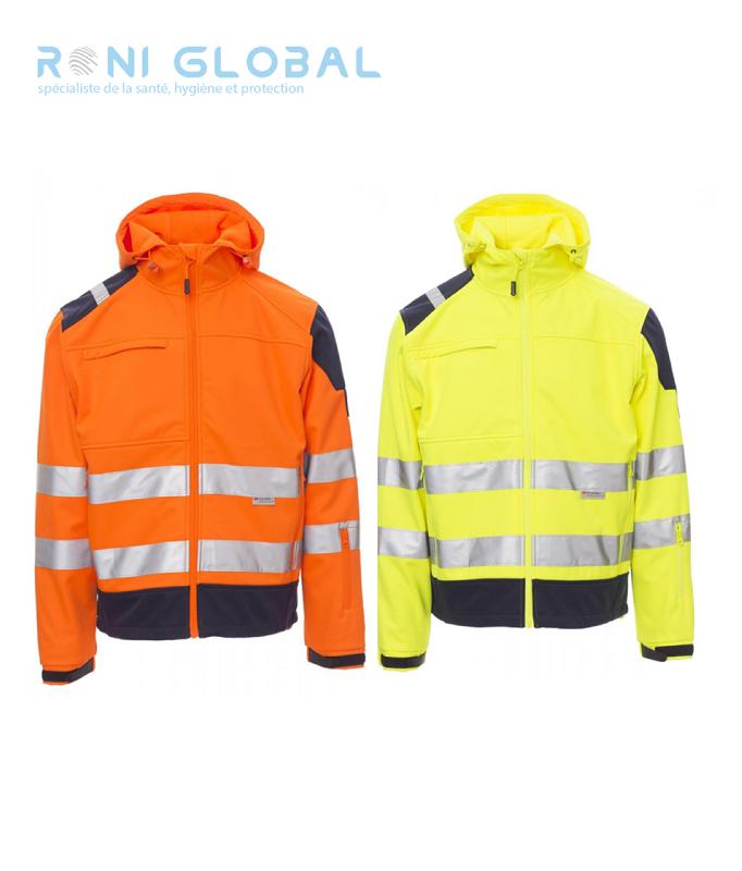 Veste soft-shell haute visibilité homme - manches raglan - SHINE PAYPER - bandes 3M et capuche profilée_0
