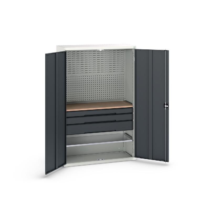 Armoire d'atelier polyvalente Verso - 1 tablette, 3 tiroirs, panneau et plateau - Dimensions 1300x550x2000mm_0