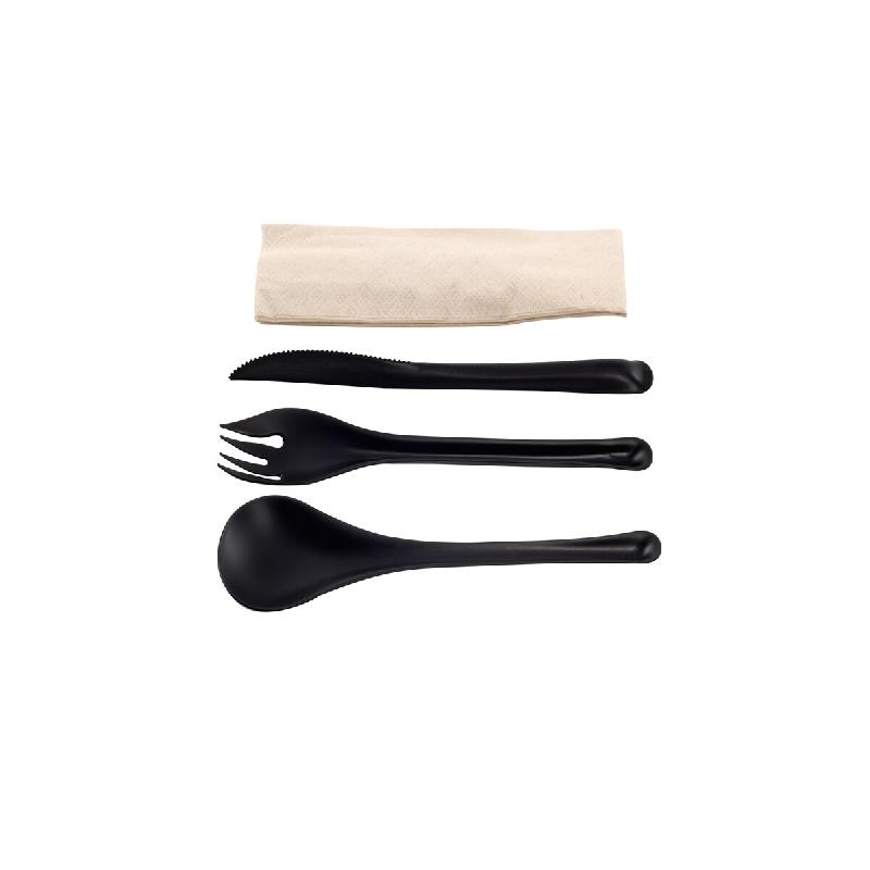Betik EKO – 500 unités – Kit couvert réutilisable noir design 4 en 1 – couteau + fourchette + cuillère + serviette kraft - noir plastique 1010728_0