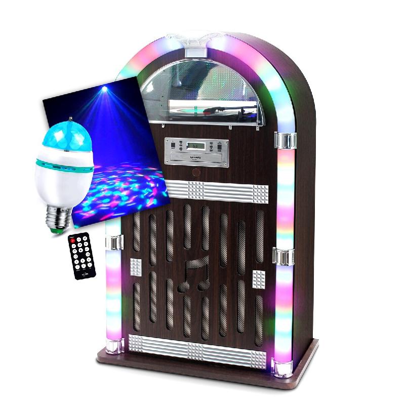 Chaîne Hifi Jukebox Retro 60W avec tourne disque vinyle Bluetooth, CD, FM + télécommande, Ampoule Culot E27 DIAMS LED - 3701123949913_0