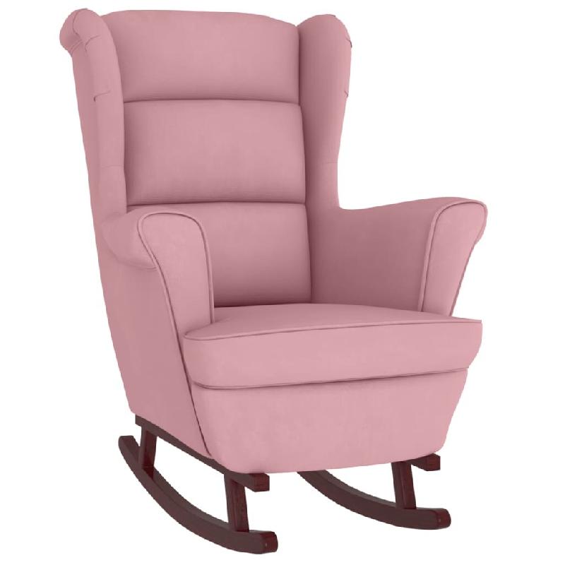 Décoshop26 - Fauteuil à bascule extra confort pieds en bois massif d'hévéa siège en velours rose DEC029152 - Bois massif 3000257233005_0