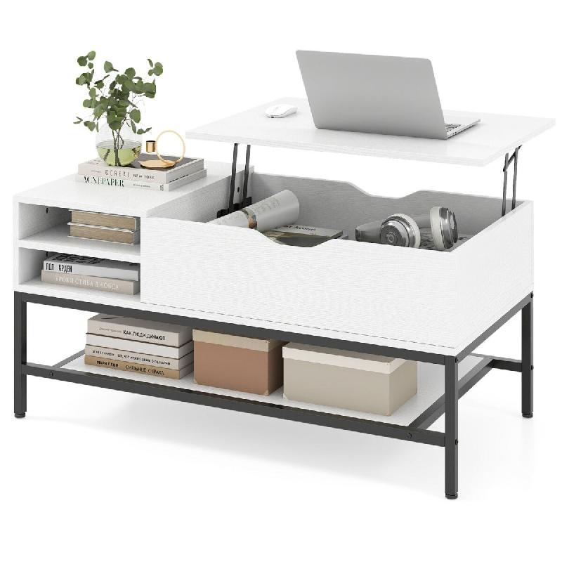 Helloshop26 - Table basse rectangulaire 99,5 x 49,5 x 47,5 cm avec compartiment caché plateau relevable design moderne en bois blanc 20_0017379 - 300_0
