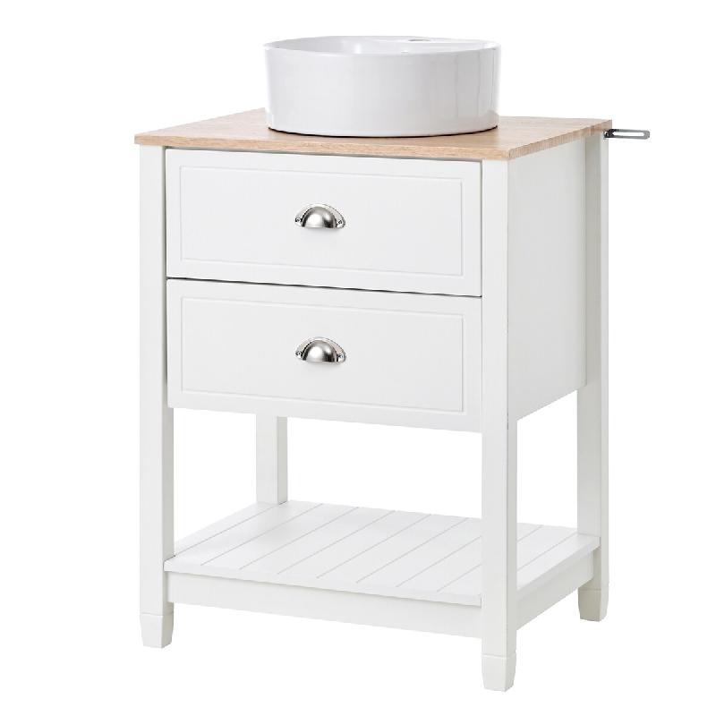 Merax Lavabo avec Meuble Bas 60 cm, Meuble de Salle de Bain, Vasque Ronde en céramique, 2 tiroirs, Espace de Rangement, Blanc/Bois - blanc multi-mat�_0