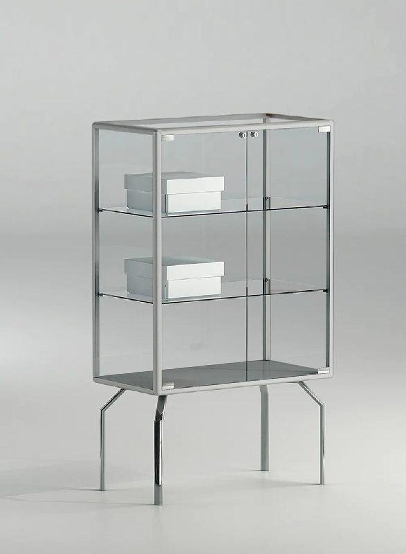 Mobilier contemporain d'exposition 71-12PVA - gris clair - vitrine en verre trempé avec serrure et tablettes amovibles_0
