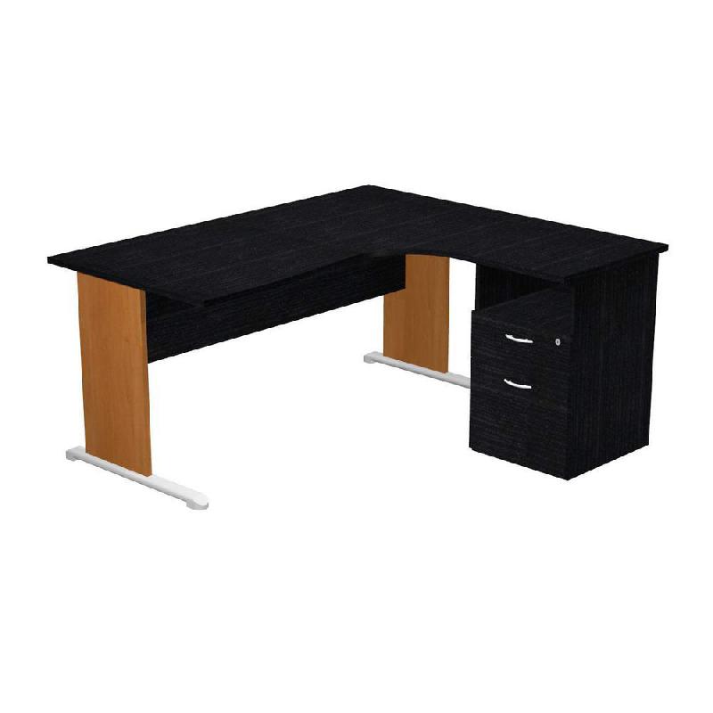 PACK PRONTO - 1 BUREAU COMPACT RETOUR A DROITE NOIR PIEDS AULNE  - 1 CAISSON HAUTEUR BUREAU PROF. 60 CM