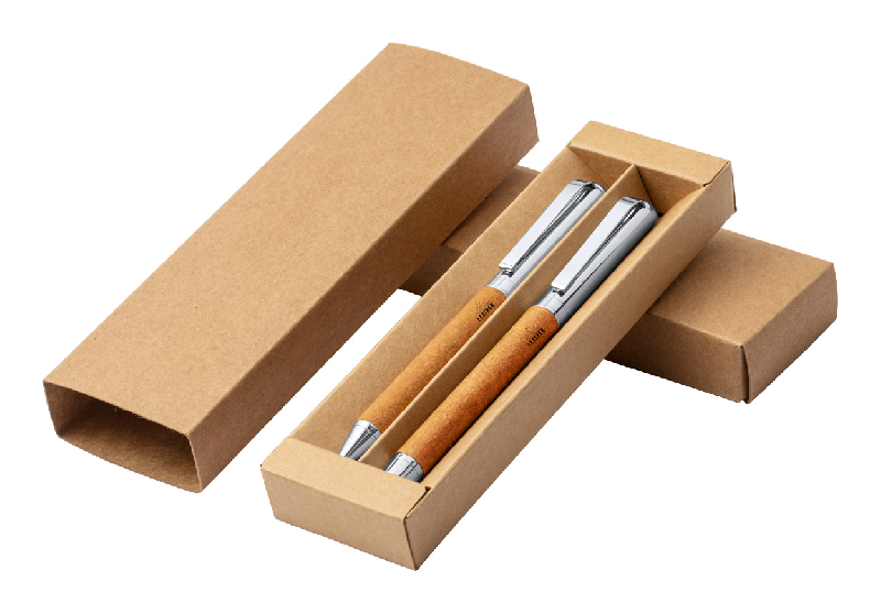 Parure - Stylo bille et roller en métal avec cuir recyclé - Encre bleue - Livrés dans une boîte en papier kraft_0
