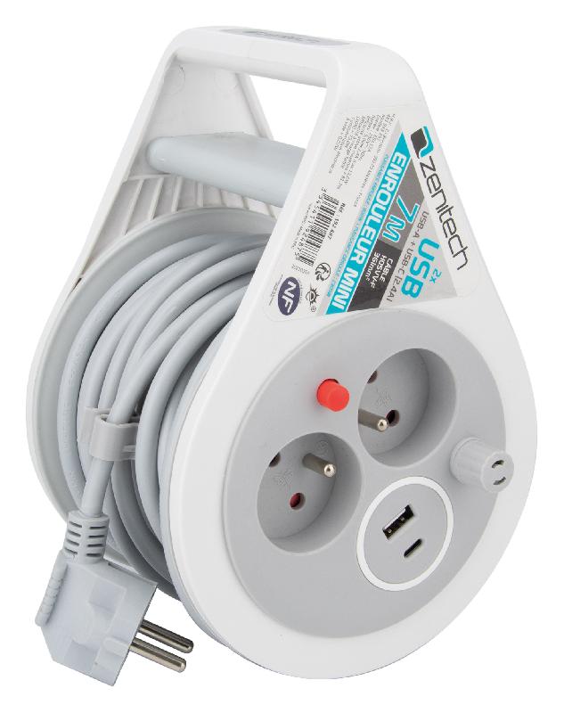 Mini enrouleur design 2 prises 16A + 2 ports USB type A et C - Câble 7 mètres gris - Zenitech_0