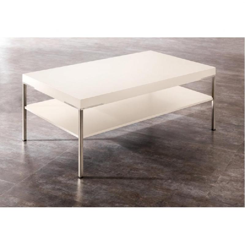 Table basse design ANZIO - Blanc laqué mat - 110 cm - Plateau bois et piétement acier_0