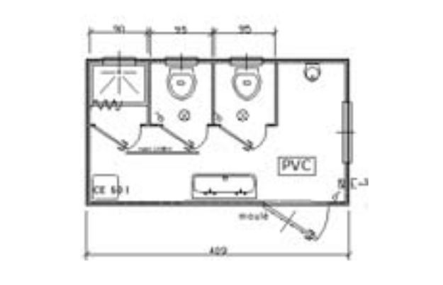 Bungalow de chantier sanitaire aménagé - Dimensions 409x242 cm - 2 WC, 1 urinoir, 1 lavabo, 1 douche, chauffe-eau_0