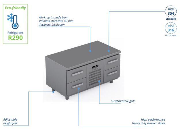 Comptoir réfrigéré bas en acier inoxydable - 1200 × 660 × 660 mm - CSTL-12-202_0