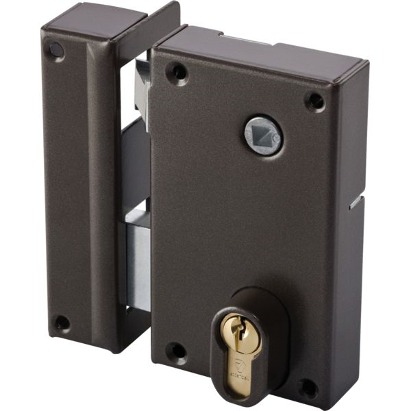 Serrure de grille en applique horizontale à clé à fouillot pour portail  gauche axe 58mm 140x82mm inox 2 clés
