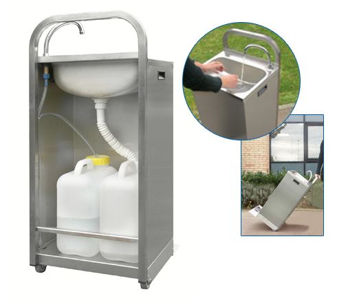 Lave main autonome - Sofinor - inox AISI 304L - cuve emboutie 400 x 250 x 140 mm - avec jerricans et roulettes_0