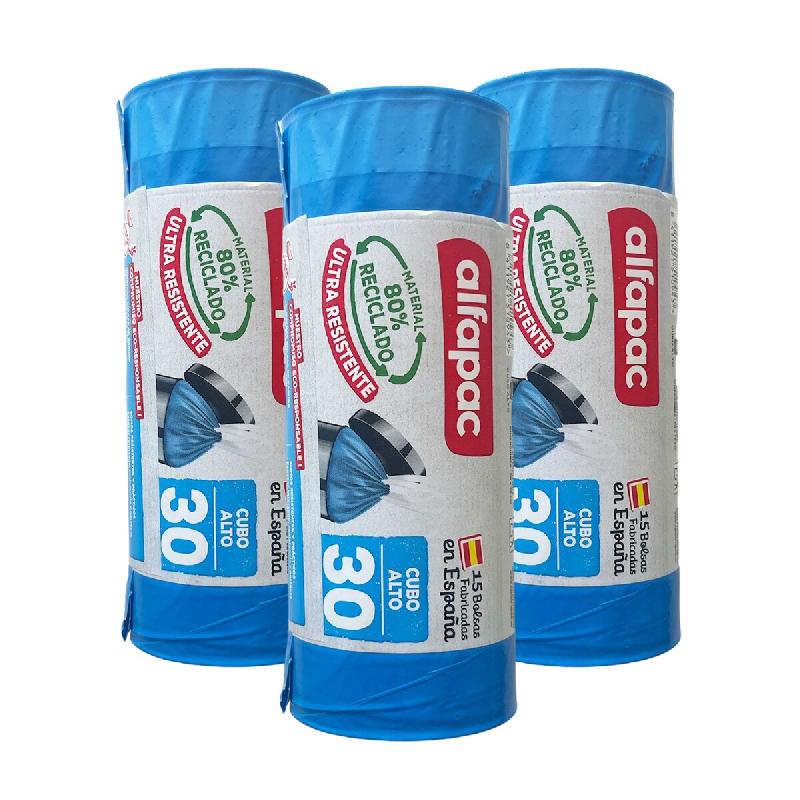 Alfapac - Sacs poubelle à fermeture automatique 30L 50x75cm pour poubelles hautes, 3 rouleaux x 15 unités (80% recyclés) - bleu PK6944_0