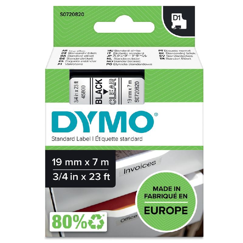 DYMO RUBAN D1 19 MM S0720820 TRANSPARENT ÉCRITURE NOIRE