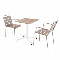 Oviala Business Ensemble table terrasse stratifié chêne foncé avec 2 fauteuils taupe - Oviala - gris métal 110732_0