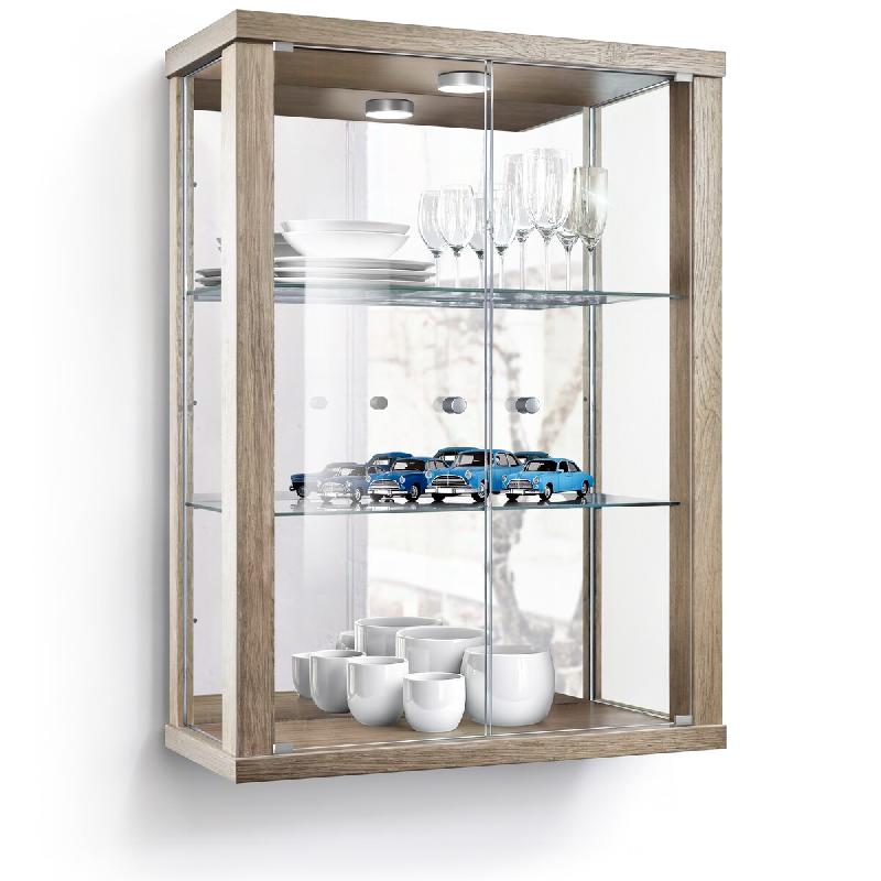 K-Möbel Vitrine murale en verre 80x60x25 cm Made in Germany avec LED & miroir & 2 tablettes en verre ESG réglables en hauteur Chêne Sonoma - marron_0