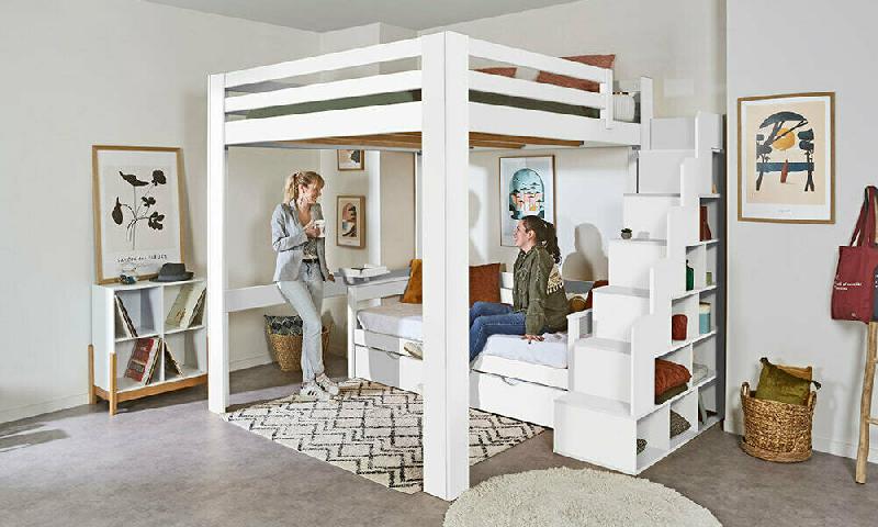 LIT MEZZANINE AVEC ESCALIER PALOMAR XL  BLANC 200X200 CM