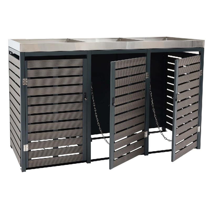 Mendler Habillage pour 3 poubelles HWC-K14, Box pour poubelles avec bac à plantes, 124x200x84cm WPC acier inoxydable 107kg ~ anthracite - gris métal_0