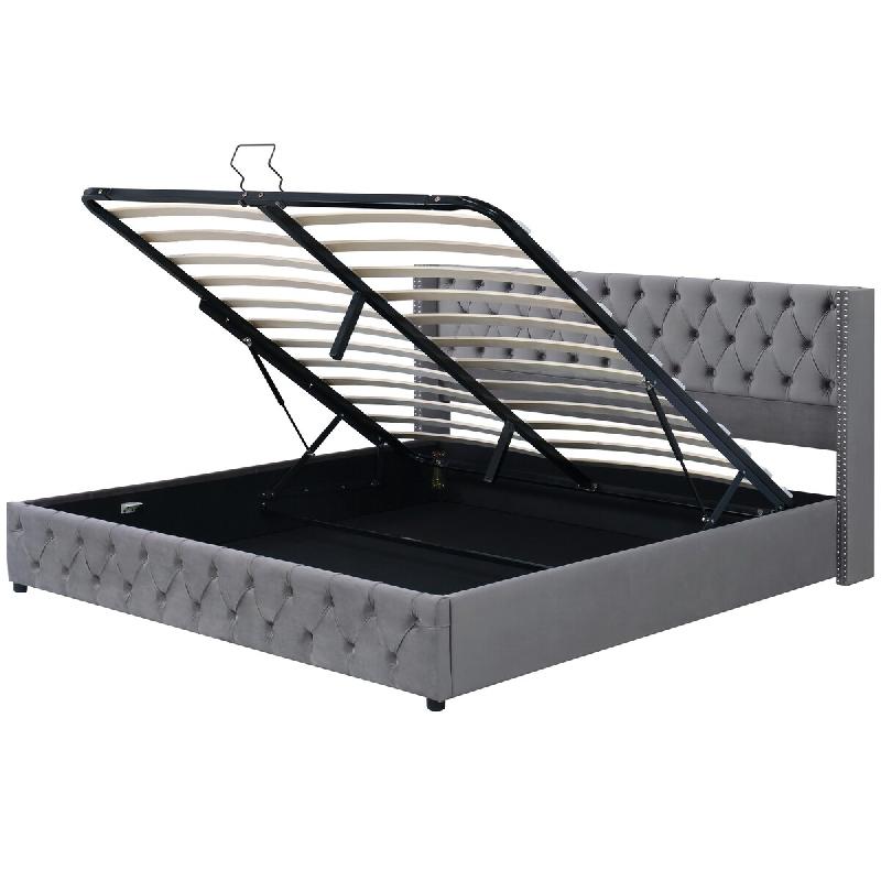 Merax Lit rembourré , lit fonctionnel hydraulique en velours lit double 160x200cm, gris - gris multi-matériau 30680710AAH_0