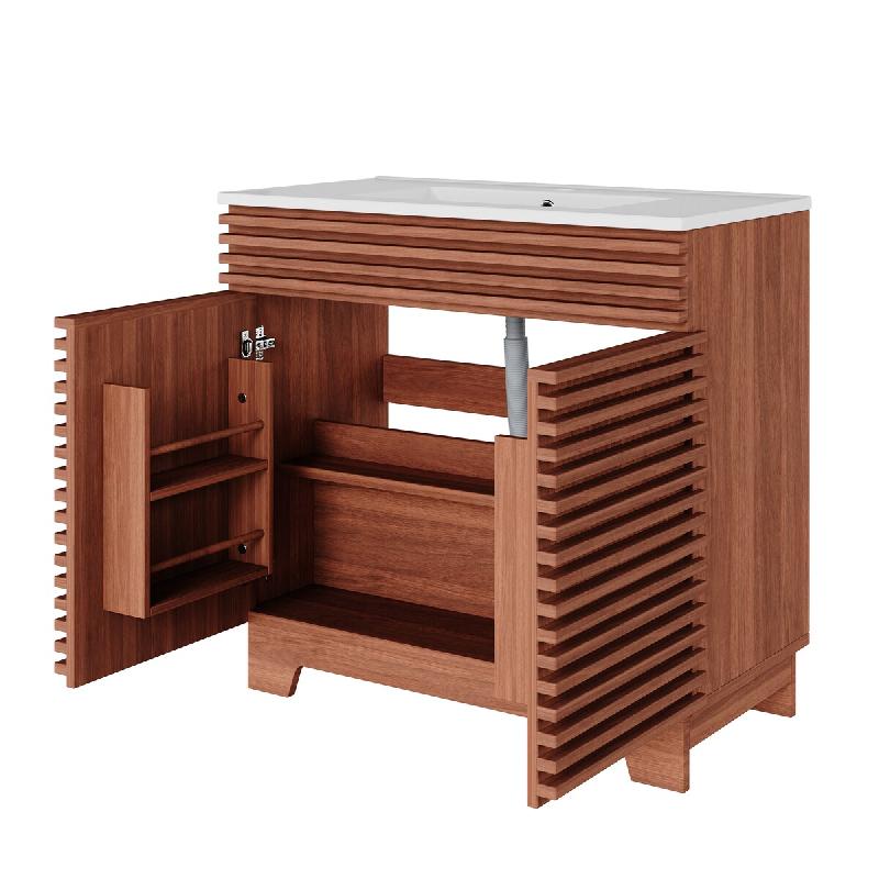 Merax Meuble sous-vasque de salle de bain 81 x 46 x 86,5 cm avec vasque en céramique, 2 portes, fermeture amortie et pieds hauts, coloris noyer - mar_0