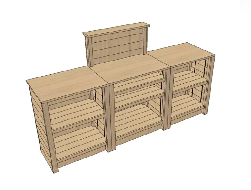 Meuble d'encaissement bois en ligne - 1 poste, 3 plateaux, tablette PMR - Pin naturel, fabrication française_0