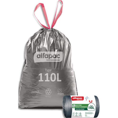 Alfapac - Boîte de 180 sacs poubelle à lien coulissant recyclé - 110L résistant - Coloris argent/noir - Origine France Garantie_0