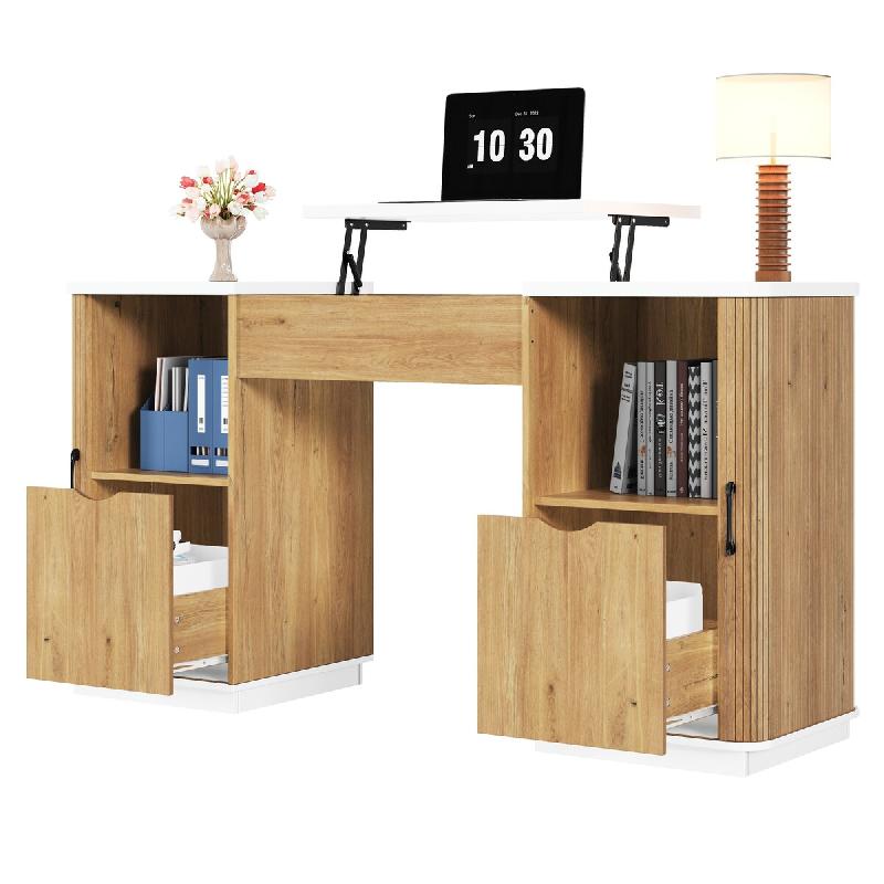 Merax Bureau 140 x 50 cm, plateau réglable 78-92 cm, 2 tiroirs et 2 niches, blanc/chêne - multicolore Bois manufacturé N880P51463940W_0