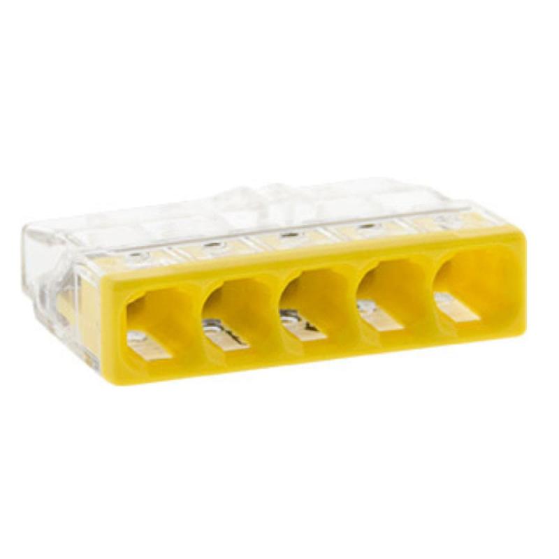 Borne pour boîtes de dérivation S2273 - Connexion rapide - 5 conducteurs - fils rigides 2.5mm² - Jaune - Wago_0