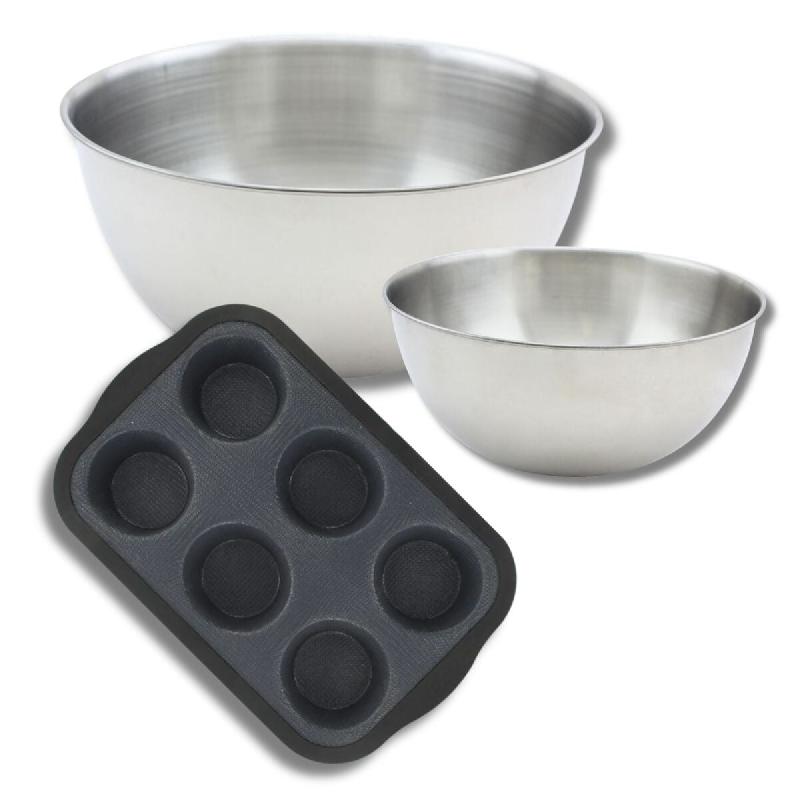 Lot de pâtisserie avec 1 Moule à muffins en silicone fibre de verre, 1 spatule Zenker et 2 bols à mixer en inox Fackelmann - noir métal 3176239936612_0