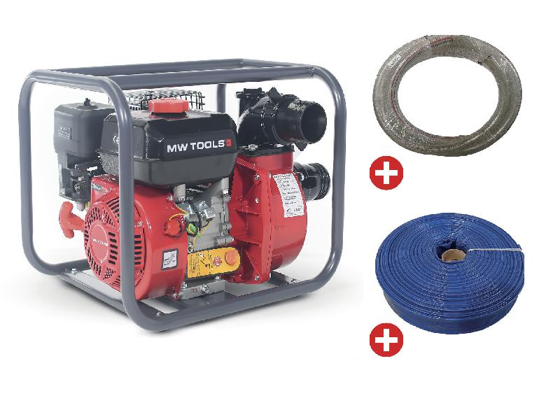 Pack Pompe à eau thermique essence 48.000 L/h 7 CV raccord 3 avec tuyau d'aspiration 5 m et tuyau de refoulement 50 m MW Tools WP4800SET_0