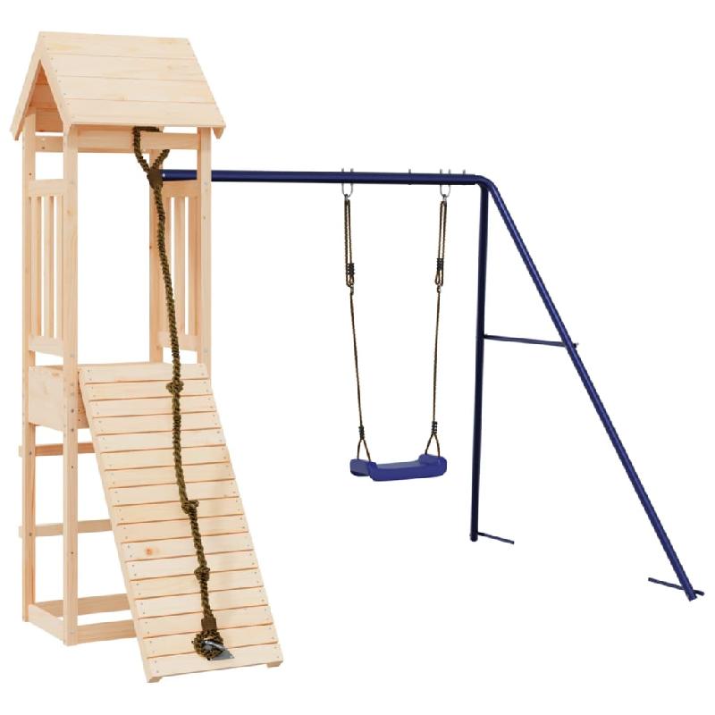 Aire de jeux d'extérieur en bois de pin massif - Portiques, balançoires et mur d'escalade - 238 x 196 x 207 cm - 02_0004648_0