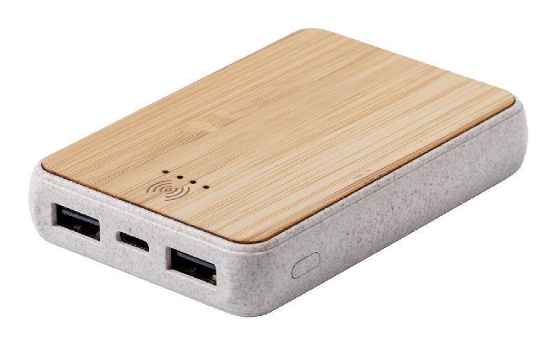 Powerbank USB en bambou et plastique de paille de blé - Batterie 5000 mAh avec chargeur sans fil intégré et 2 ports USB_0