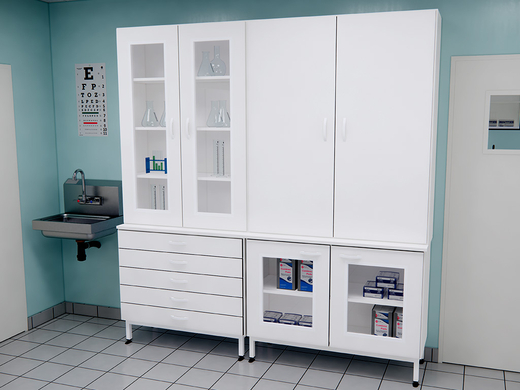 Mobilier armoire basse et vitrine en mélaminé CTBH blanc pour laboratoire - Possémé_0