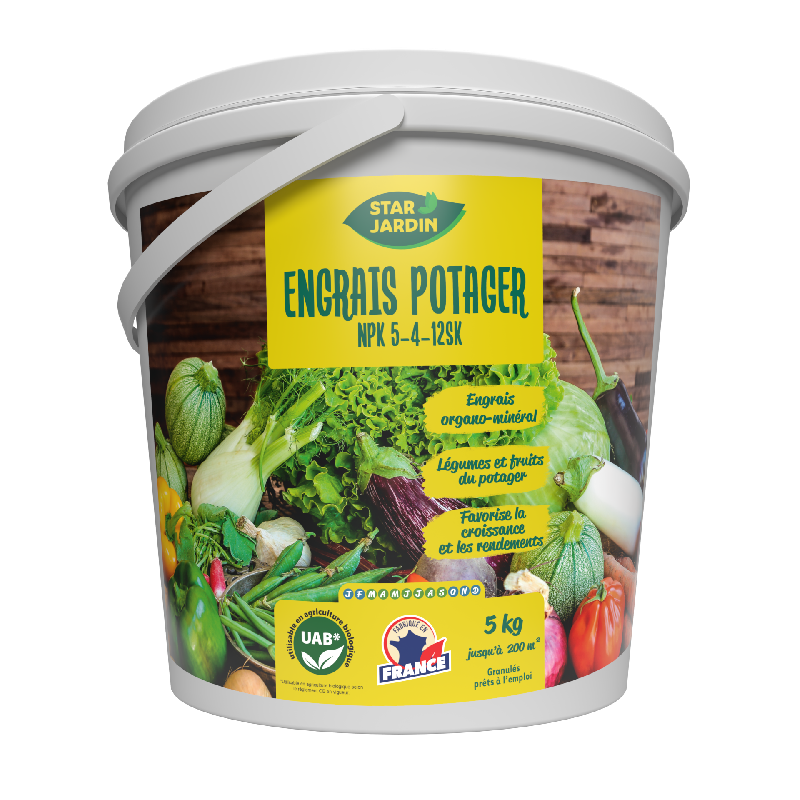 Engrais potager UAB - 5 kg Seau - Formule renforcée pour fruits et légumes - NPK 5-4-12 SK + 2MgO_0