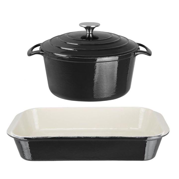 Ensemble 1 cocotte et 1 plat à rôtir en fonte noire, COOK LIKE A PRO_0