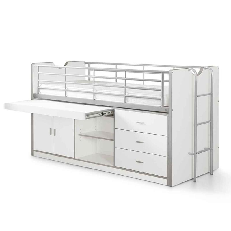 Lit combiné Bonny 90x200 cm blanc - Bureau intégré, rangements et armoire - Paris Prix_0