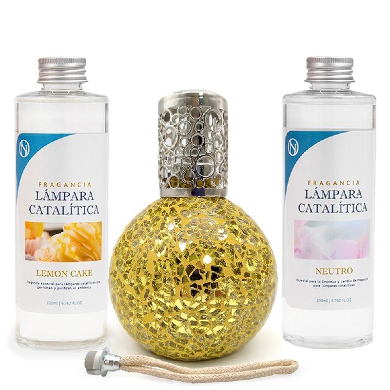 MamaManuela Pack Economique Lampe Catalytique Mosaïque Or + Parfum Gâteau au Citron (200ml) + Nettoyant Neutre (200ml) + Mèche de Recharge - MM-LCA_0