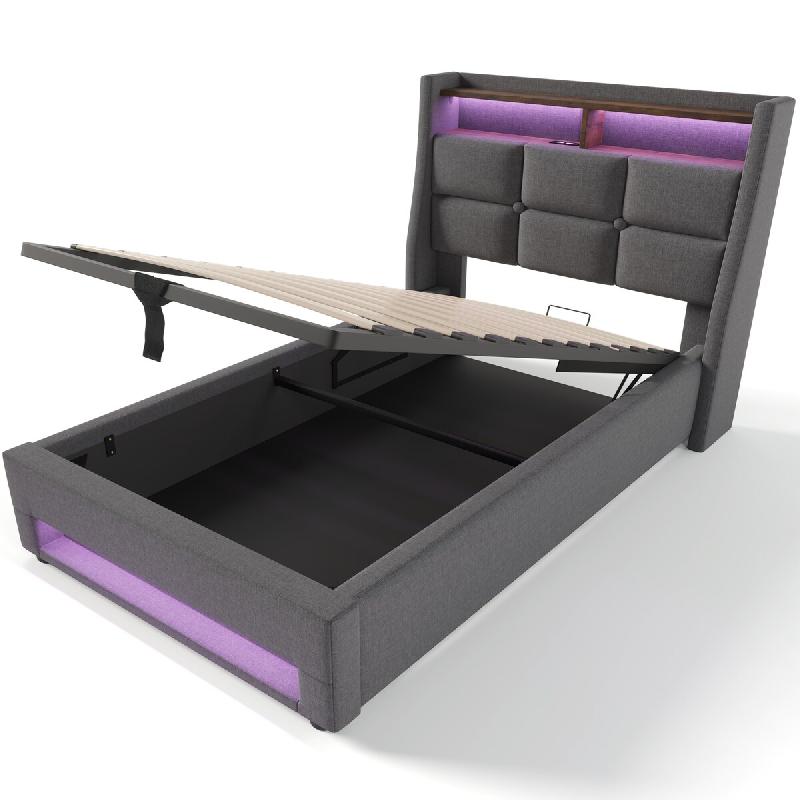 Merax Lit capitonné , housse en coton et lin, lit coffre avec port USB + LED 90x200cm, gris - gris multi-matériau AB20122324G_0