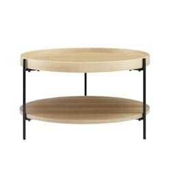 SalesFever Table basse  Ø 69 cm | rond | avec 2 étagères | MDF avec placage en frêne | Cadre en métal | L 69 x P 69 x H 39 cm | Naturel – Noir_0