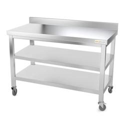 Table de travail en inox 1500 x 600 mm adossée avec 2 étagères sur roulettes PREMIUM / GOLDINOX - inox 3701770801763_0