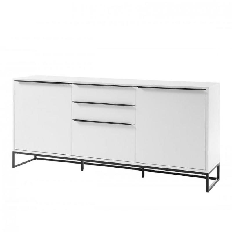 Buffet LUARD blanc laqué mat - 2 portes, 3 tiroirs - Piétement métal noir - Design moderne_0