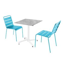 Oviala Business Ensemble table de terrasse stratifié marbre avec 2 chaises bleu - bleu métal 110784_0