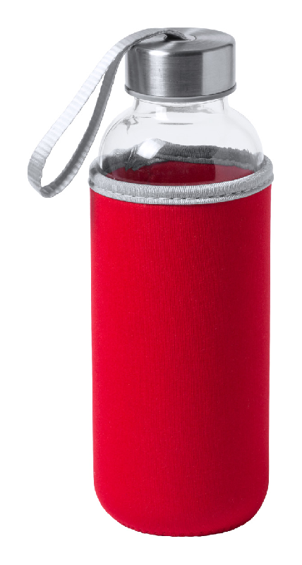 Gourde de sport en verre - 420 ml - Couleur rouge avec dragonne et housse en néoprène_0
