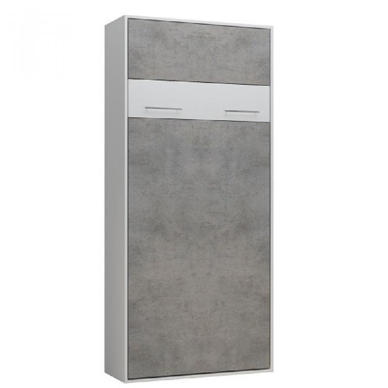 Lit escamotable LOFT blanc - Façade gris béton - Couchage 90 x 200 cm avec système à vérins_0