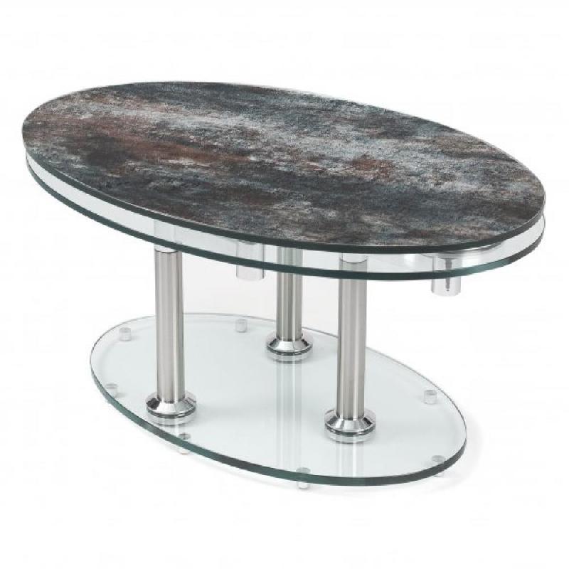 Table basse double en céramique anthracite - plateaux pivotants en verre trempé et piétement en acier brossé_0